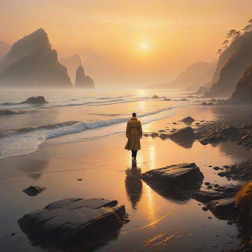 A solitary figure walks along a misty coastline at dawn. The sea is calm, reflecting the early morning light. Waves gent...