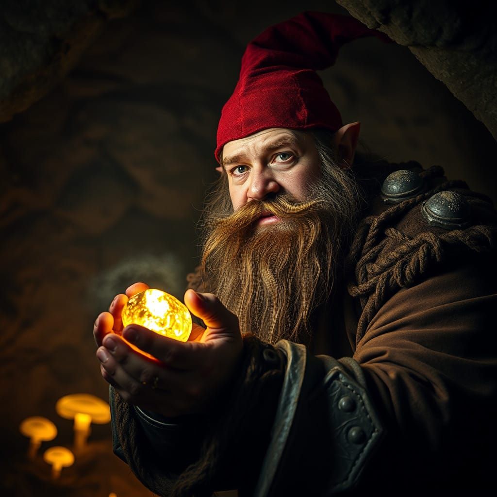 Stout Dwarf Unveils Golden Treasure in Dark Cave