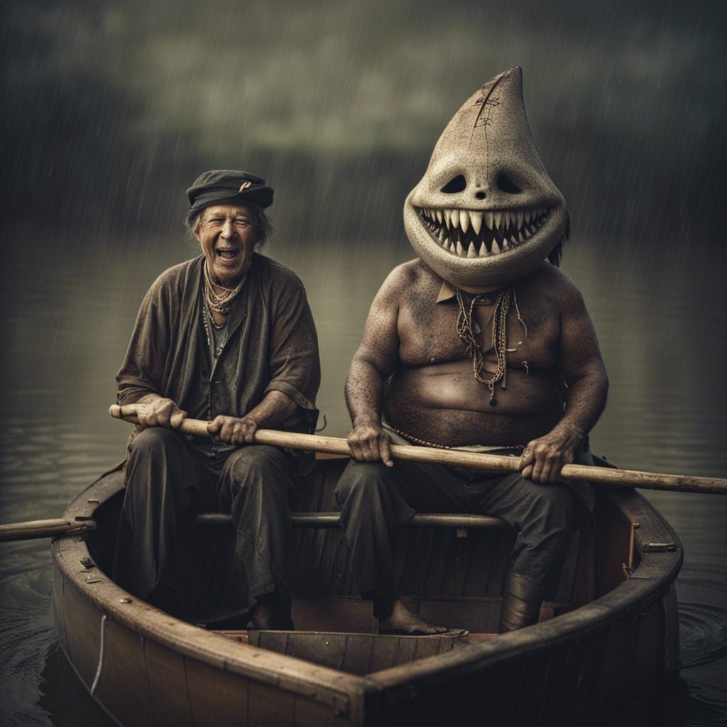 Sinister Steampunk Aboriginals Rowing in Rainy Nightmare