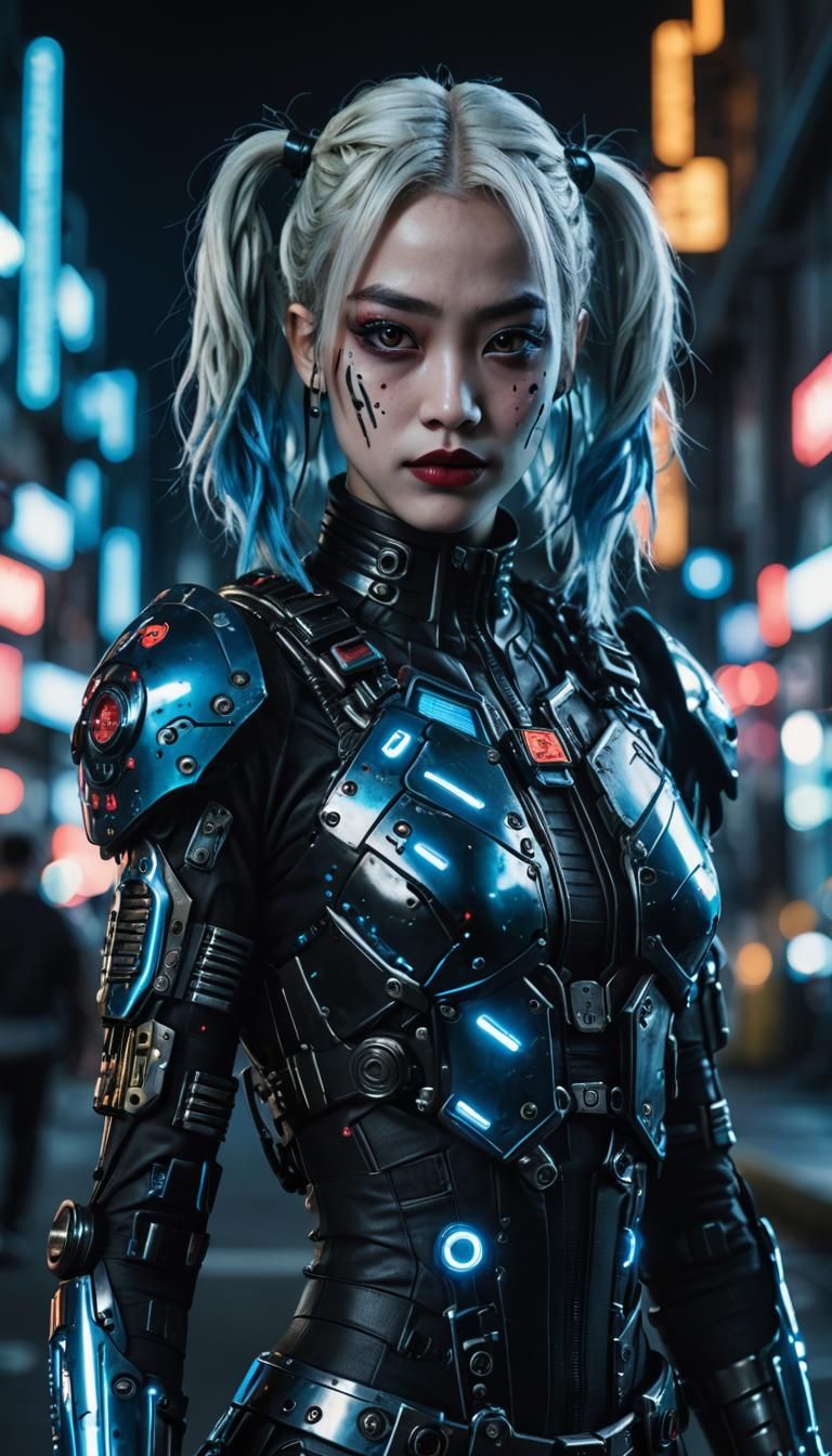 Cyberpunk Harley Quinn Portrait in Neon Cityscape
