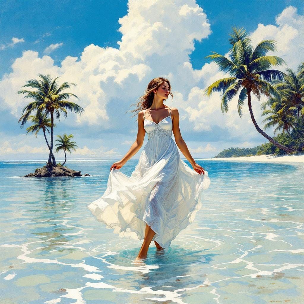 Woman on Deserted Island in Classical Style