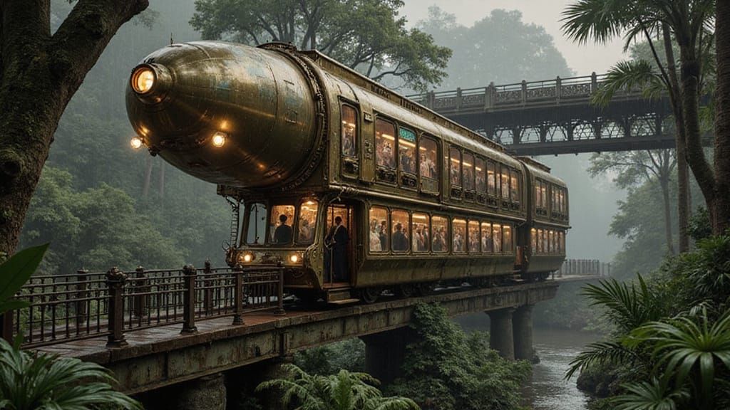 Steampunk Monorail in Jungle Rain