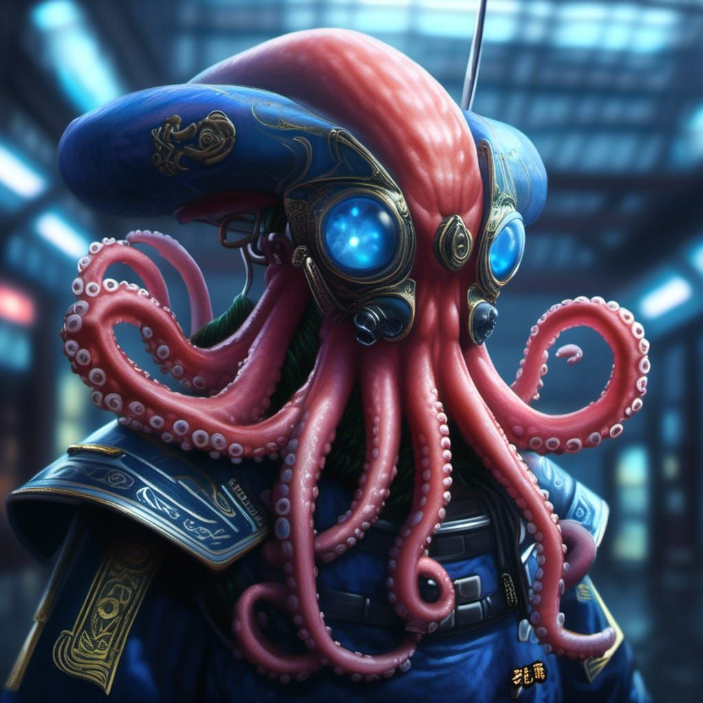 Cyberpunk Alien Octopus Samurai Digital Art