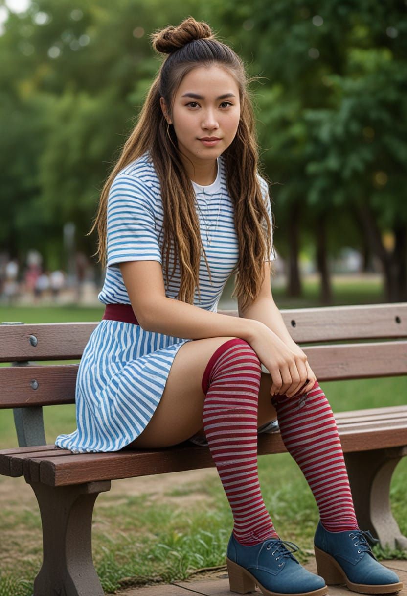 Sultry Mongolian Beauty in Striped Socks and Mini Skirt
