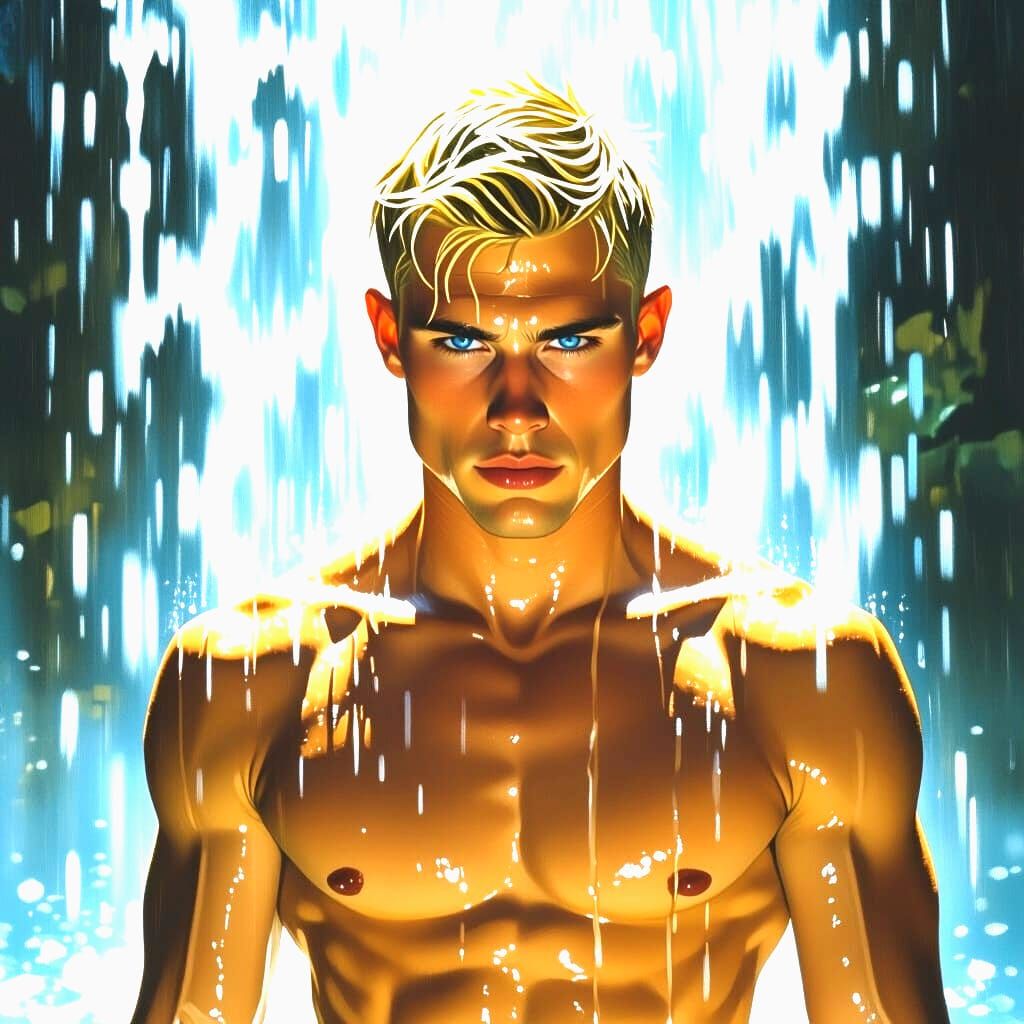 Man Bathed in Sunlight Under a Waterfall