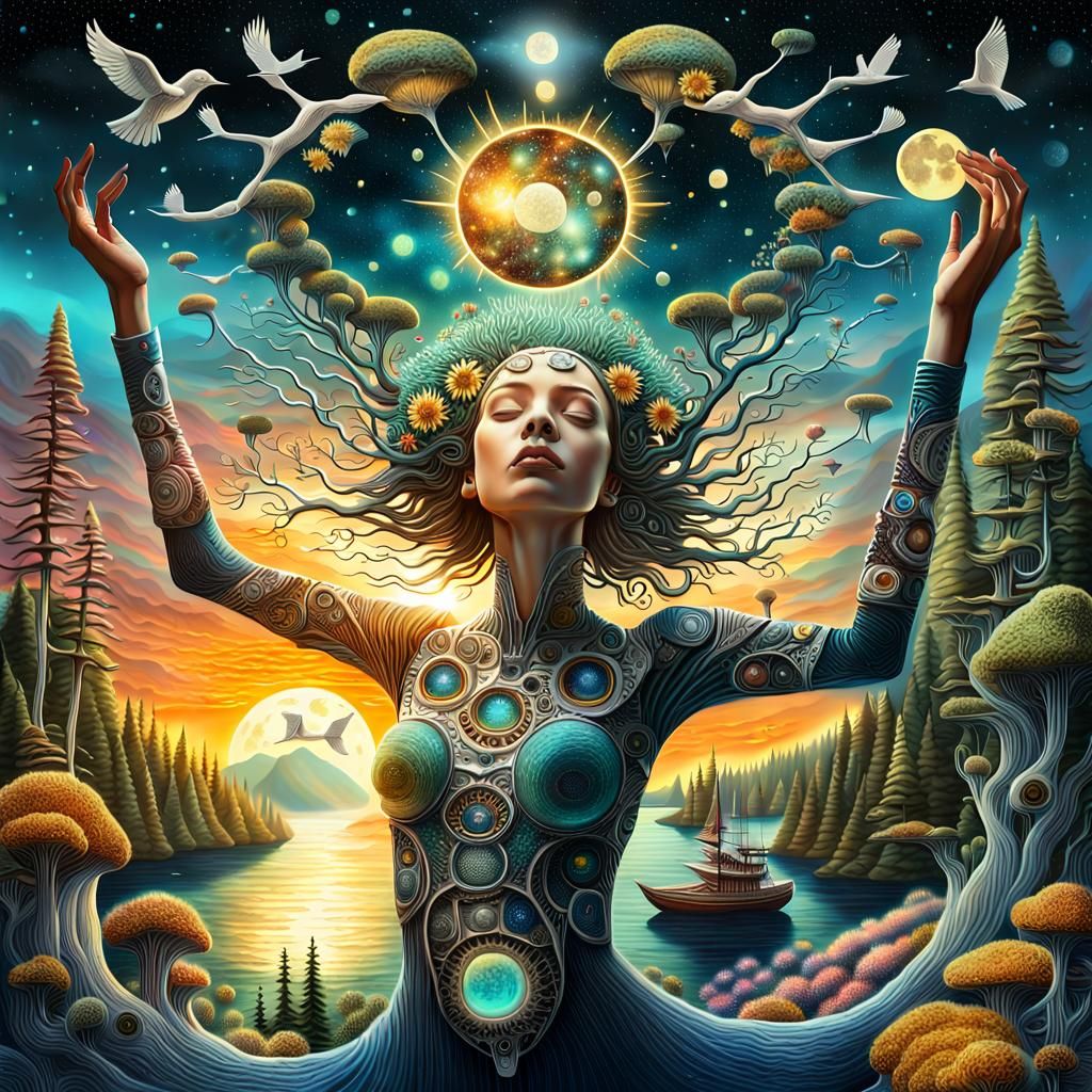 Transhumanist Goddess in Whimsical Cosmic Landscape