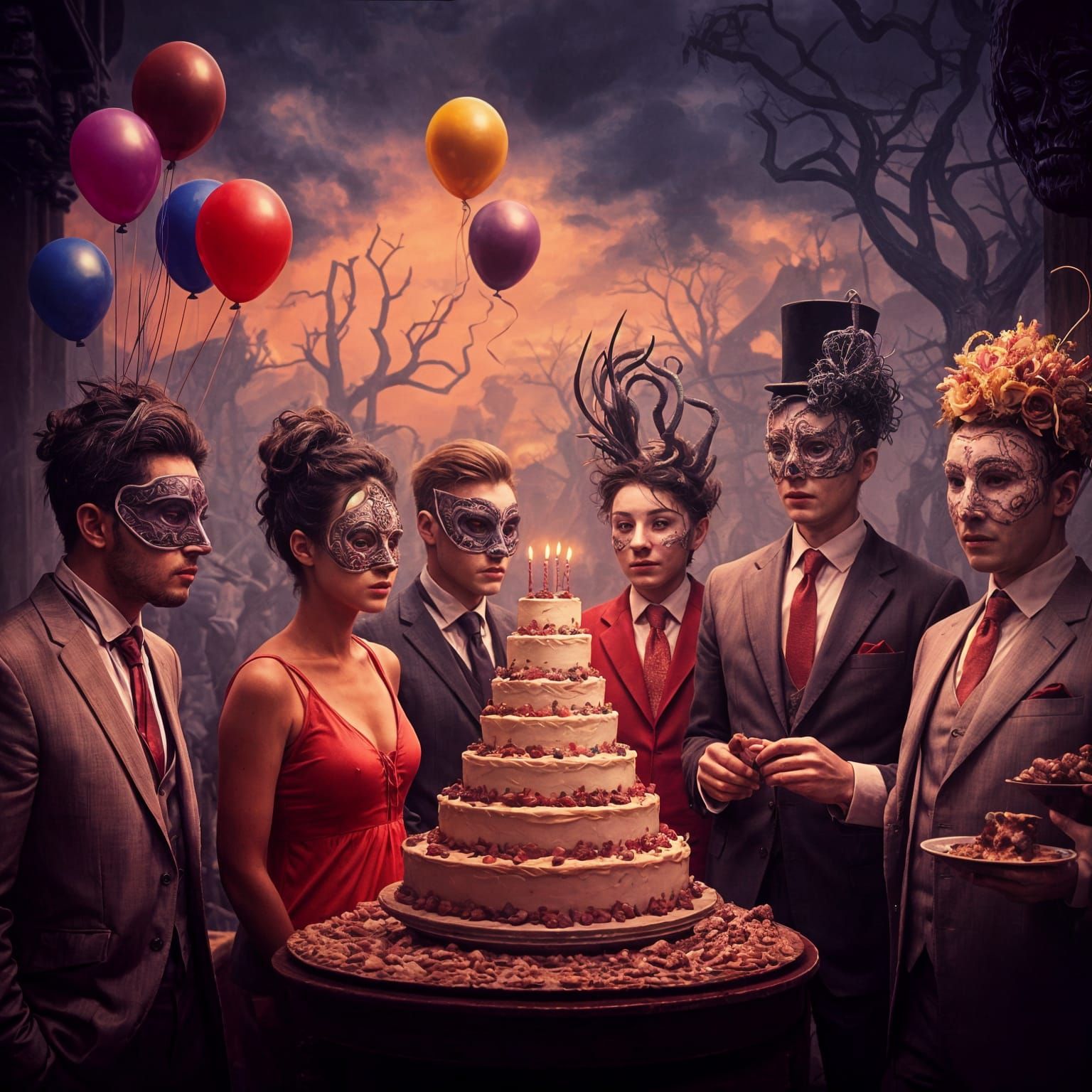 Dystopian Birthday Party as Dark Surrealist Art
