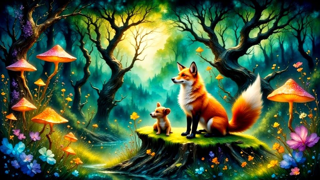 Enchanted Forest Clearing with Fox and Hound in Soft Light