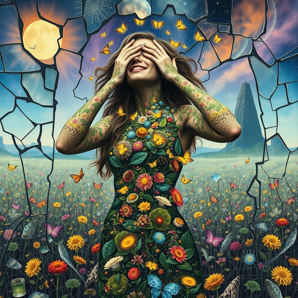 Bio-Art Woman: Interconnected Ecosystem in Surreal Landscape