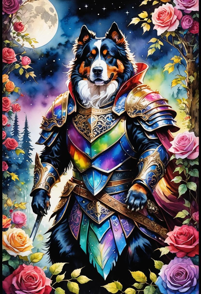 Bernese Mountain Dog Warrior in Gothic Anime Art
