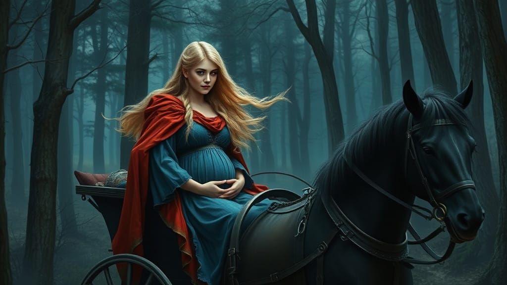 Viking Maiden Rides into Enchanted Woods at Night