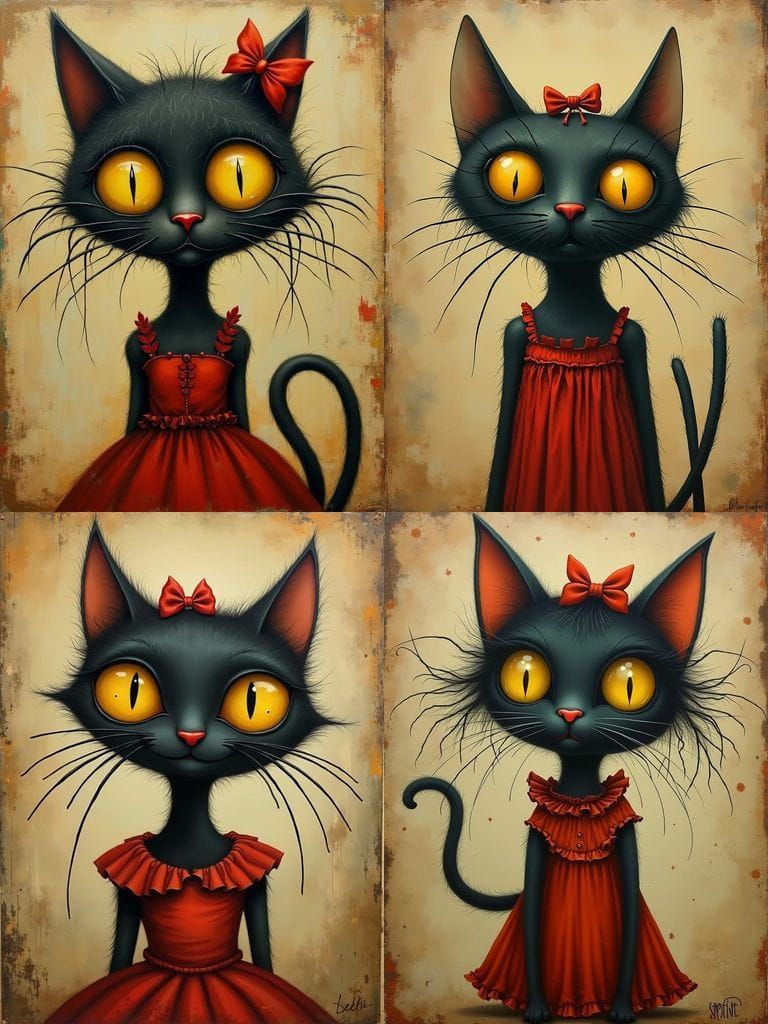 Surreal Whimsical Artwork Featuring a Stylish Black Cat in a...