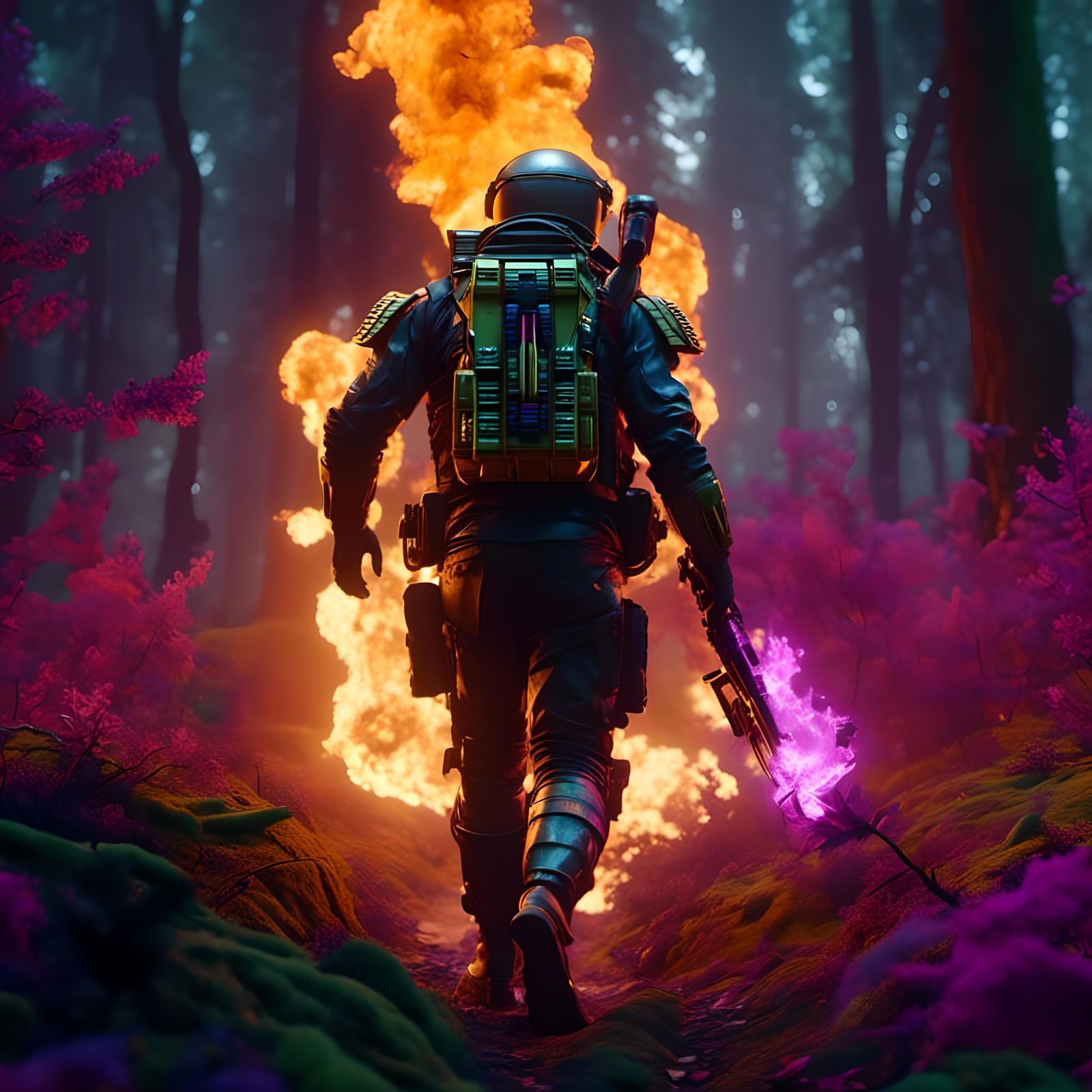 Forest Encounter: Grenade and Flamethrower in Vibrant Colors