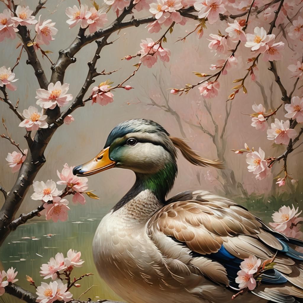 Duck in Cherry Blossoms: Rococo Oil Painting