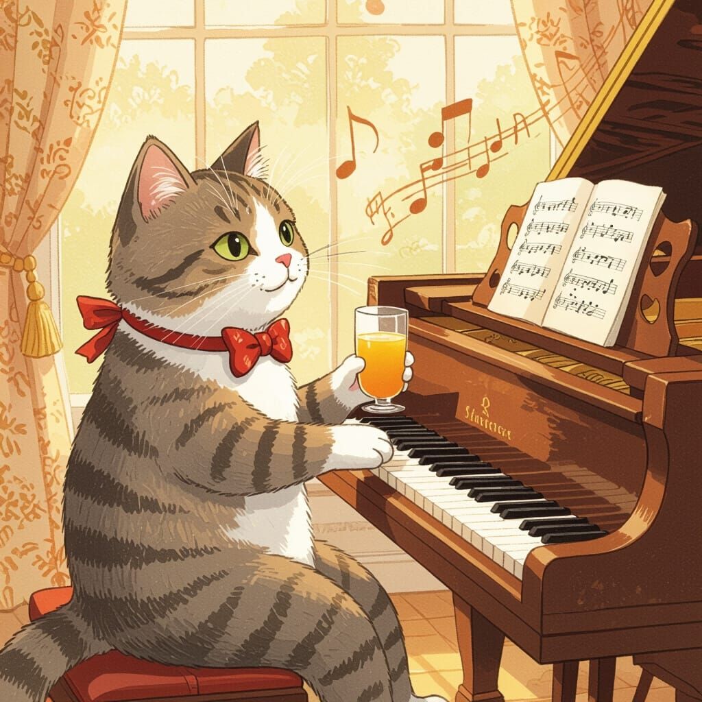 Cat Playing Piano with Orange Juice, Whimsical Illustration