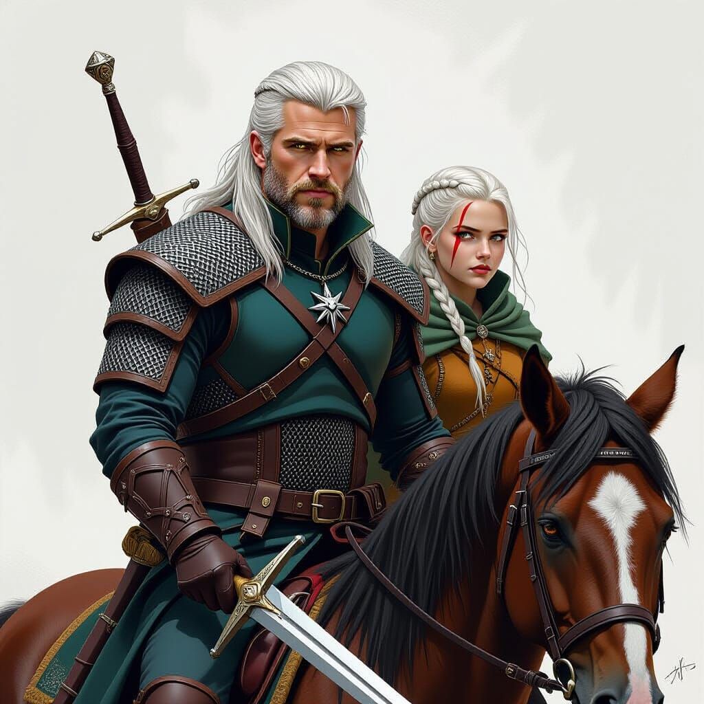 Geralt and Ciri in an Atmospheric Landscape