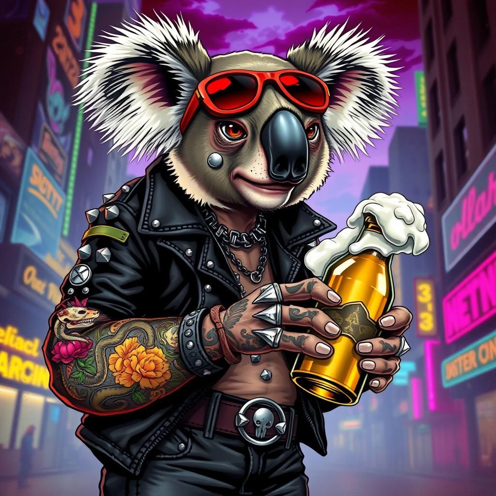 Punk koala with coloured tattoos holding a beer