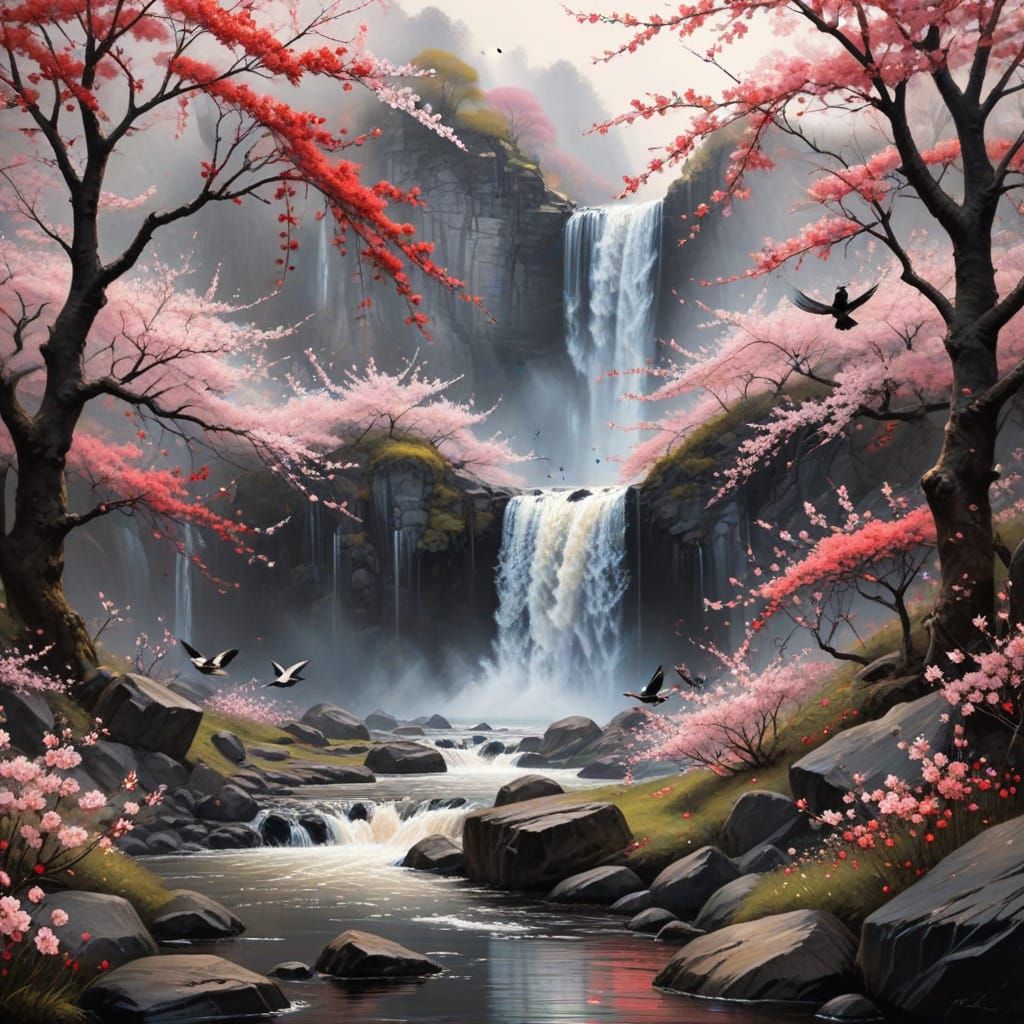 Delicate Cherry Blossoms and Birds with Waterfall