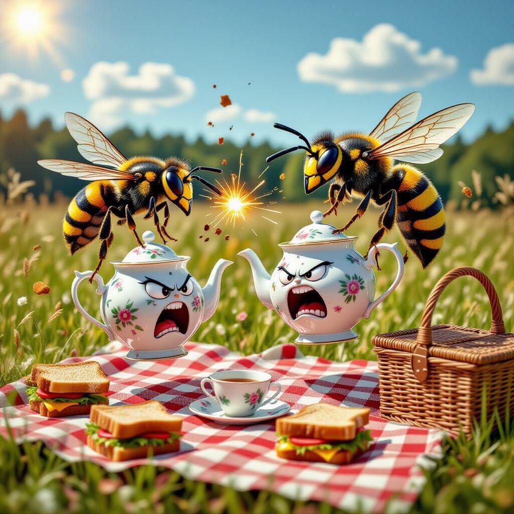 Terrifying Teapots Flee Hornet Attack on Meadow