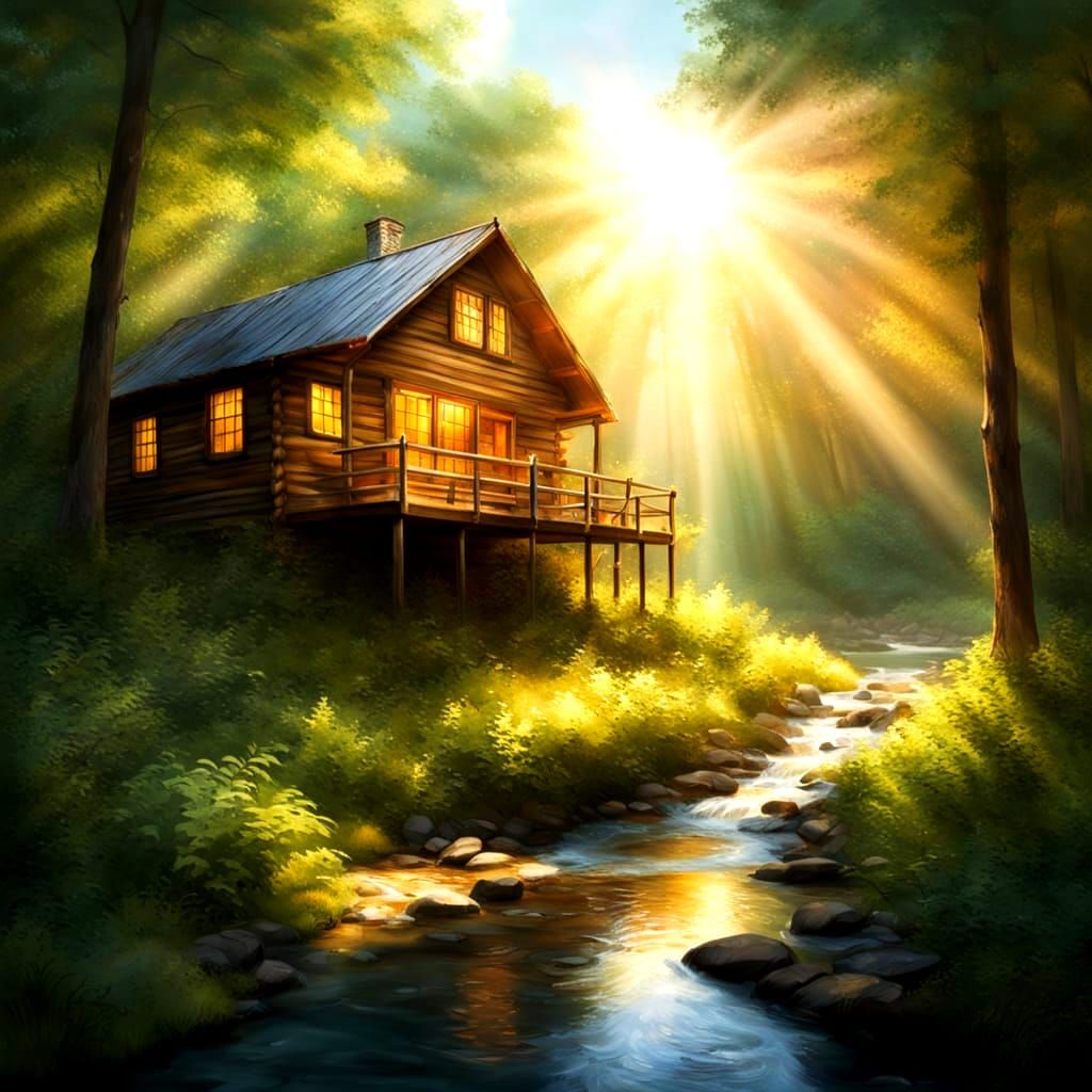 Heavenly Cabin by Stream in Soft Focus Sunshine