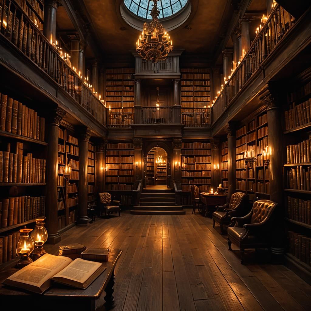 Cinematic Ancient Library with Candlelight and Books