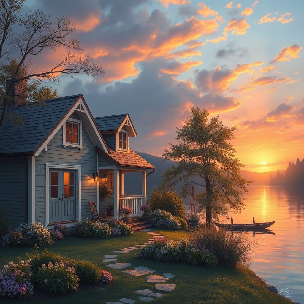 Whimsical Cottage Landscape at Sunset