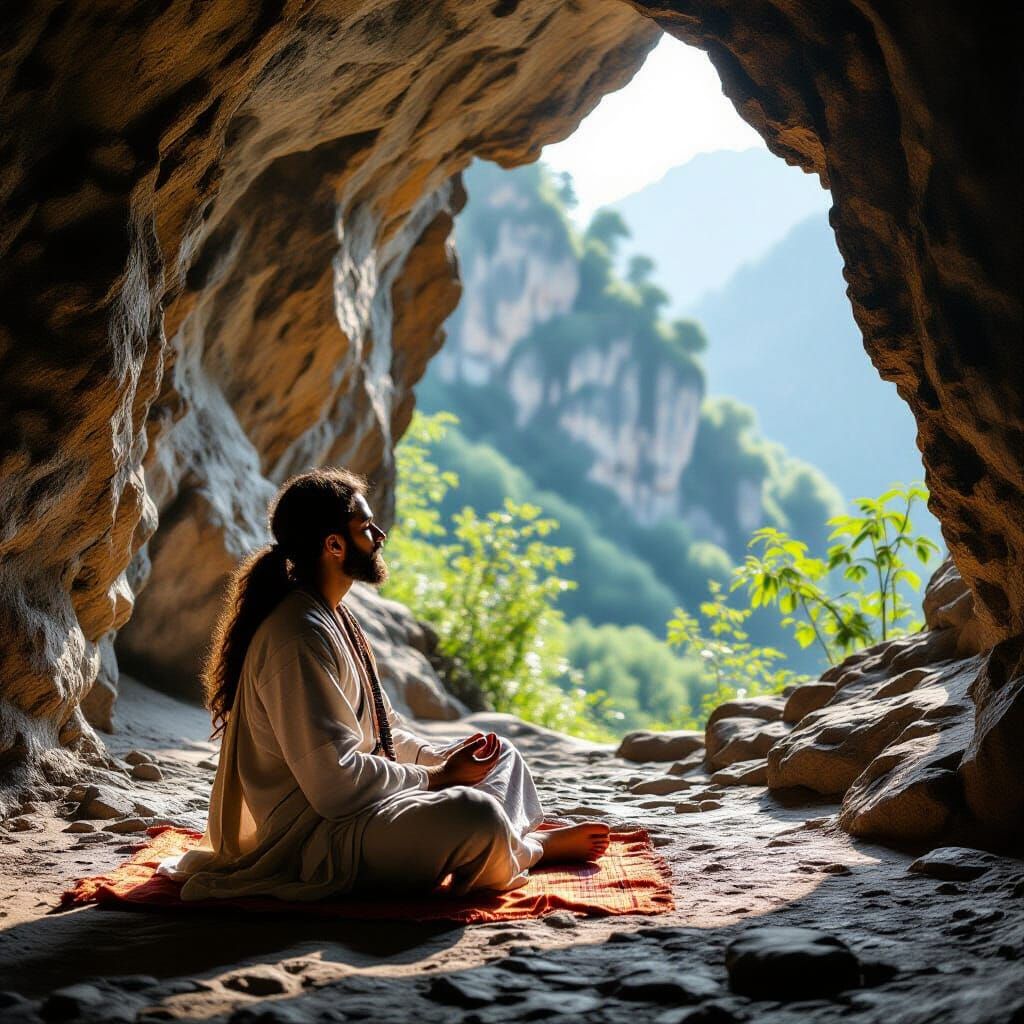Meditating Devotee Near Cave Entrance in Natural Light