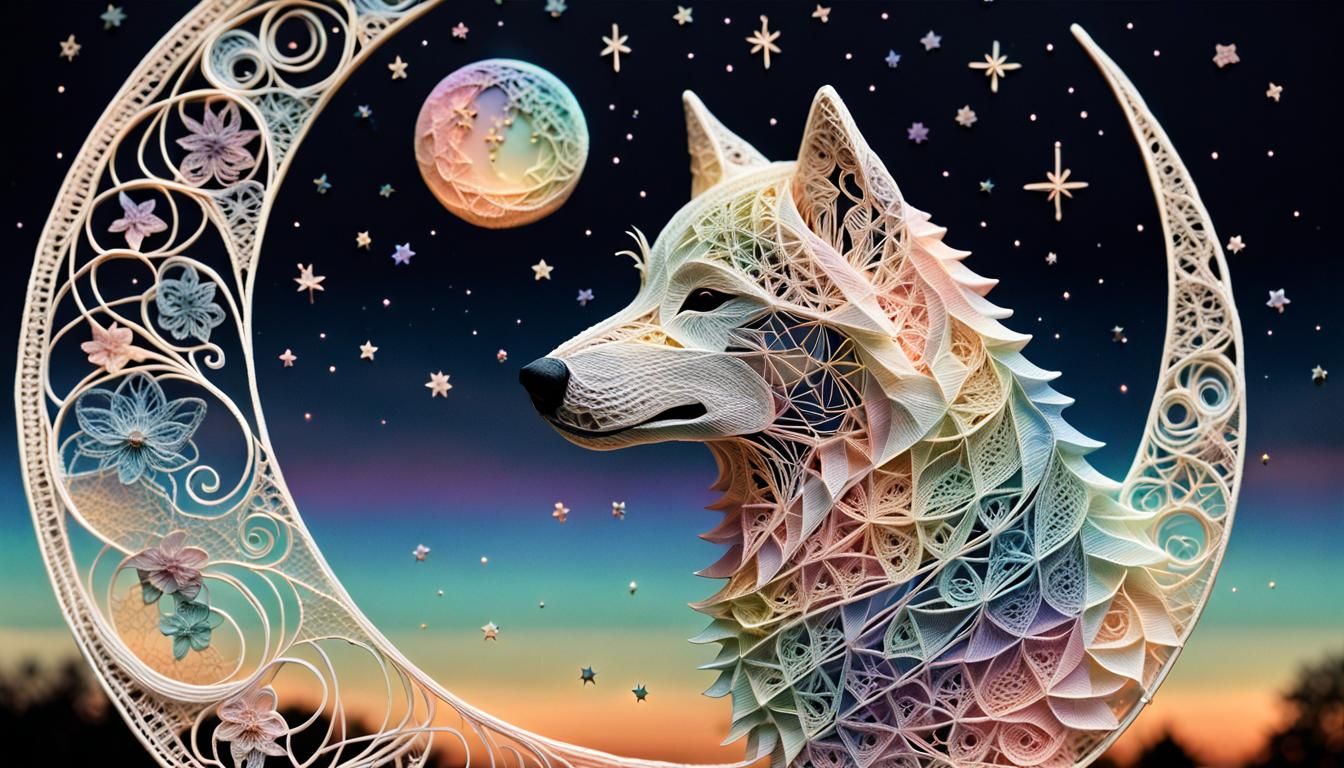 Crescent Moon Wolf in Art Nouveau String Art