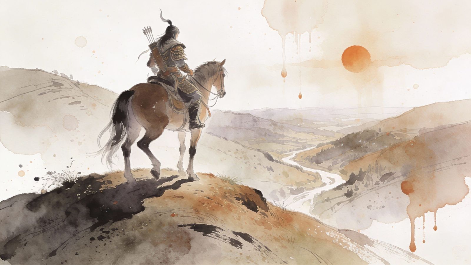 Sioux Warrior on Horseback Overlooking Valley in Watercolor ...
