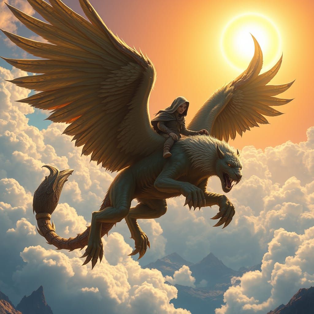 Majestic Manticore Soars with Albino Drow Elf Rider
