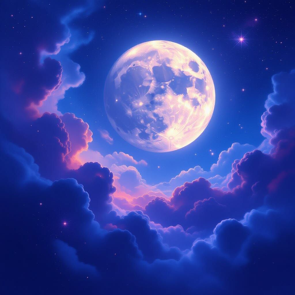 Vast Starry Night Sky with Swirling Nebulae and Full Moon