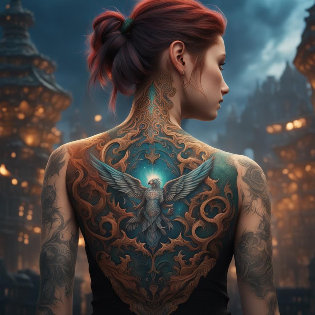 Hope Tattoo: Detailed Fantasy Art on Girl's Neck