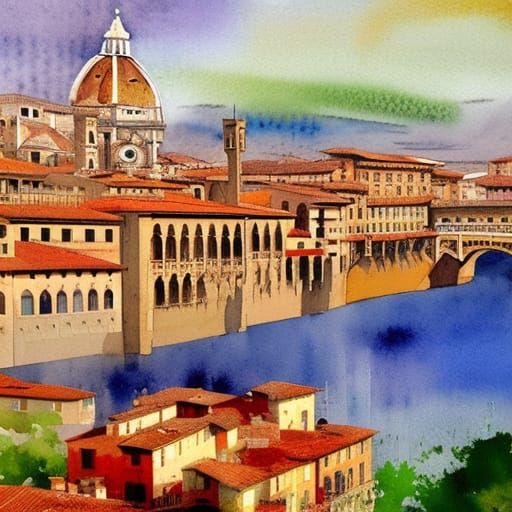 Florence Landscape in Gouache and Watercolor Style