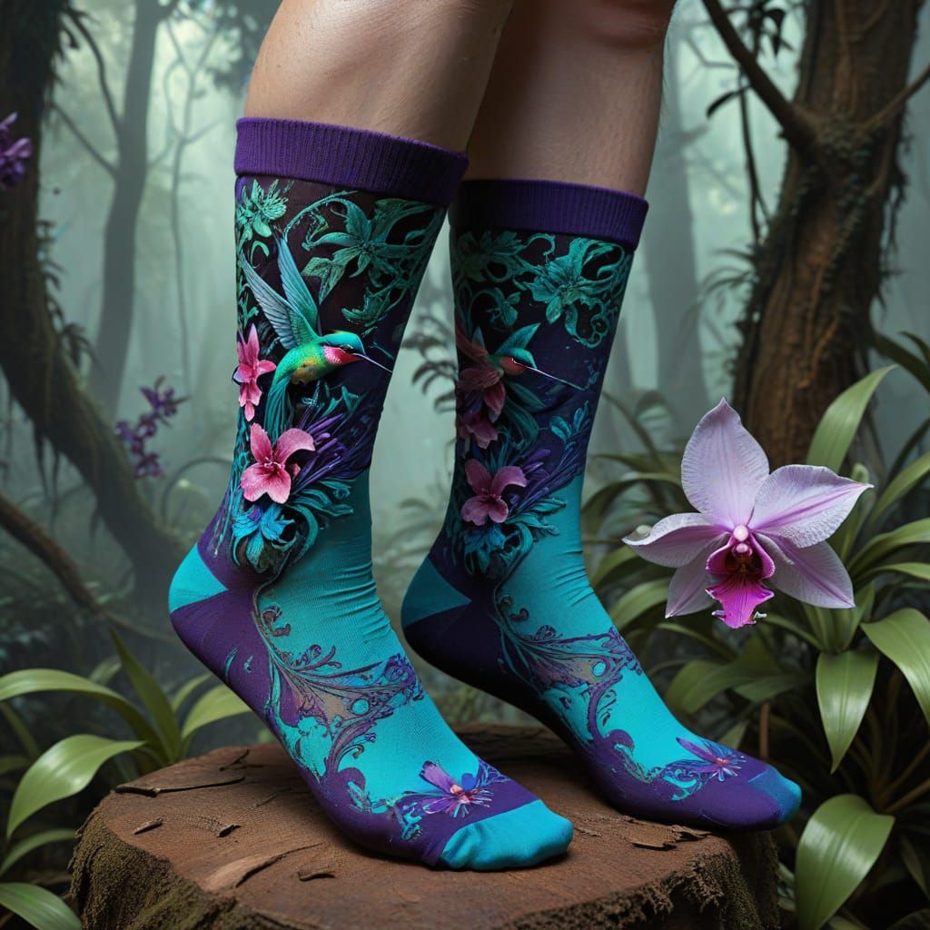 Tropical Hummingbird Sock Designs in Art Nouveau Style