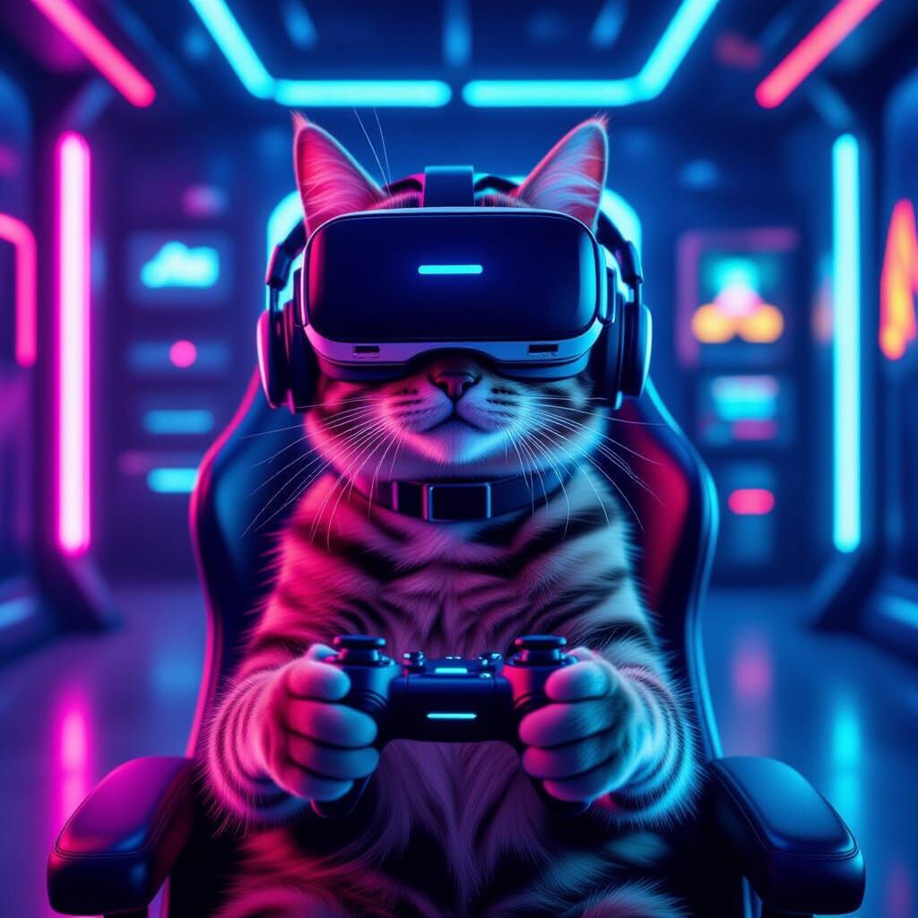 Curious Cat Explores Virtual Reality in Futuristic Room