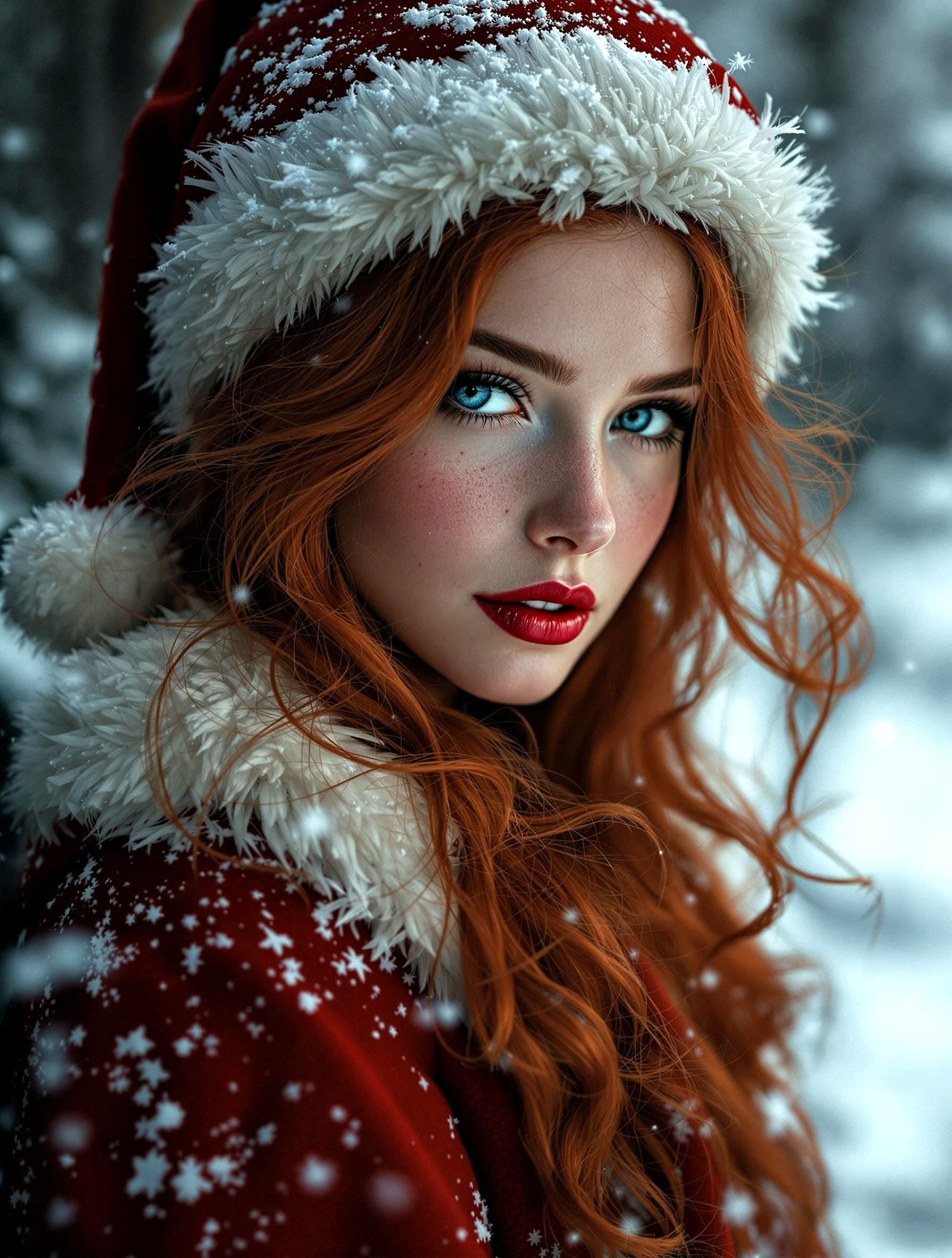 Introspective Redhead in Santa Outfit