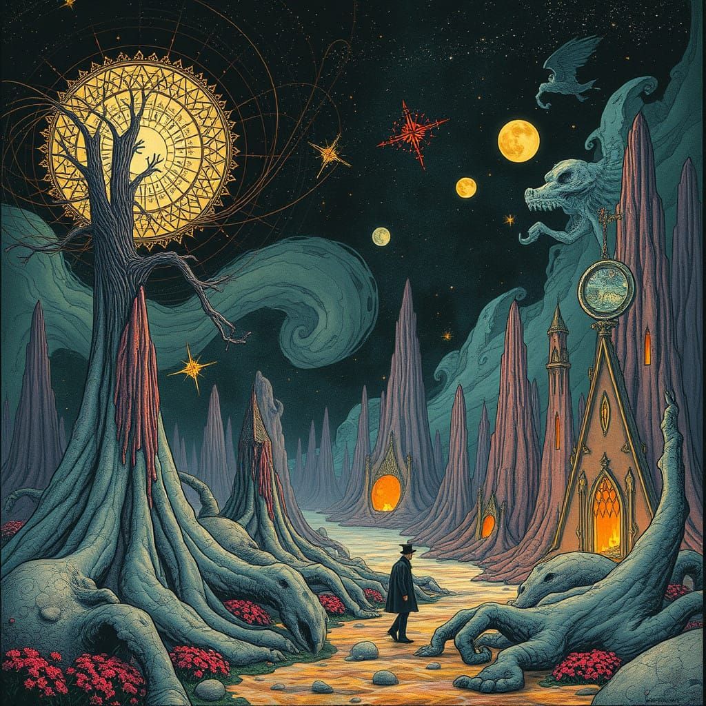 Dreamlike Scene in Whimsical Art Nouveau Style