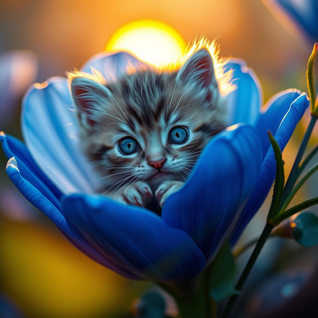 Kitten with Blue Eyes in Blue Flower at Dawn
