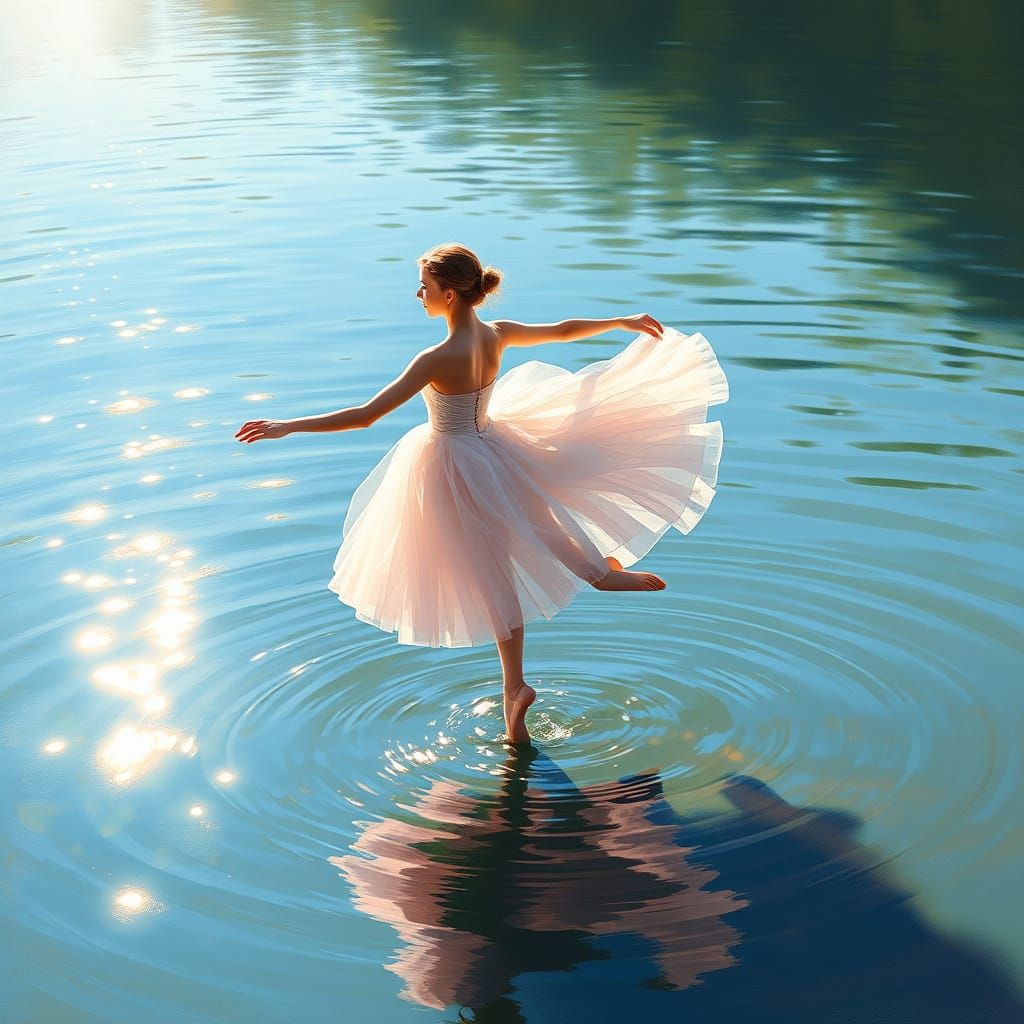 Ballerina Dancing on Lake in Impressionist Style