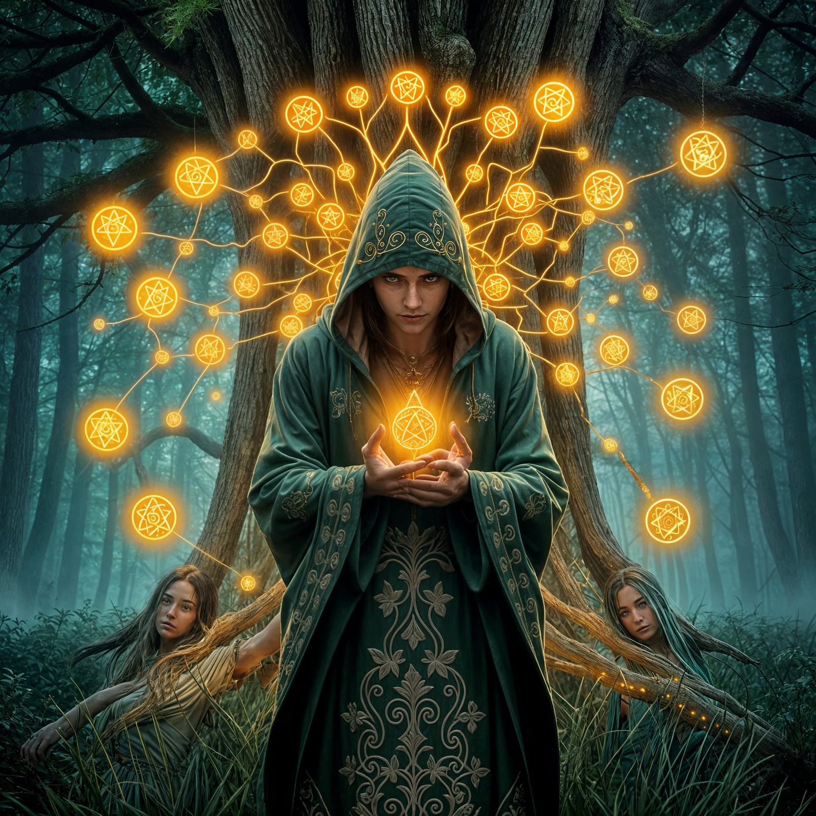 Cyberpunk Druid and Sacred Tree with Digital Circuit