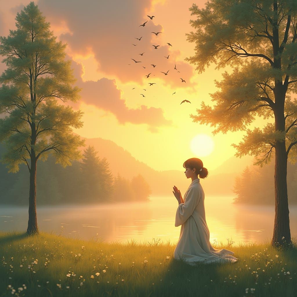 Serene Sunrise Prayer in Golden Meadow