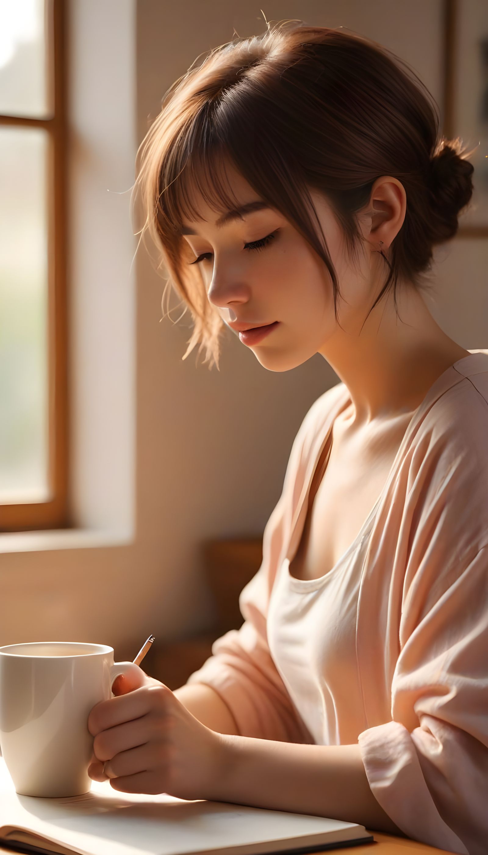Cozy Anime Girl in Train Station Café, Watercolor Style