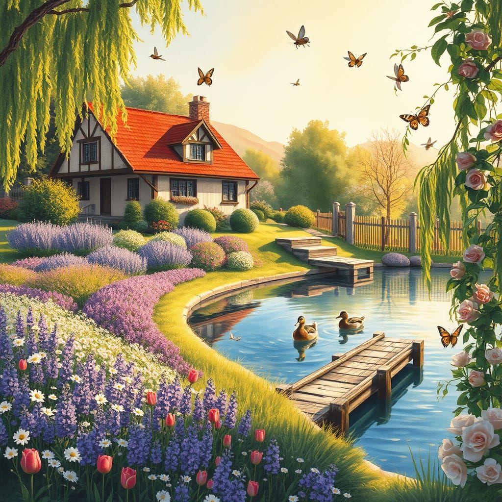 Serene Watercolor Landscape with Timber-Framed House and Vib...