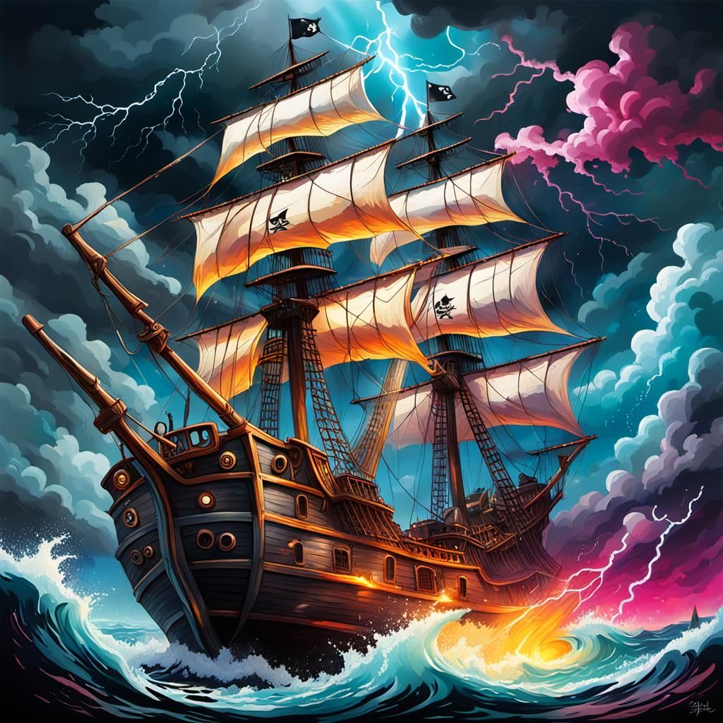 Pirate Ship in Stormy Weather: Graffiti Art