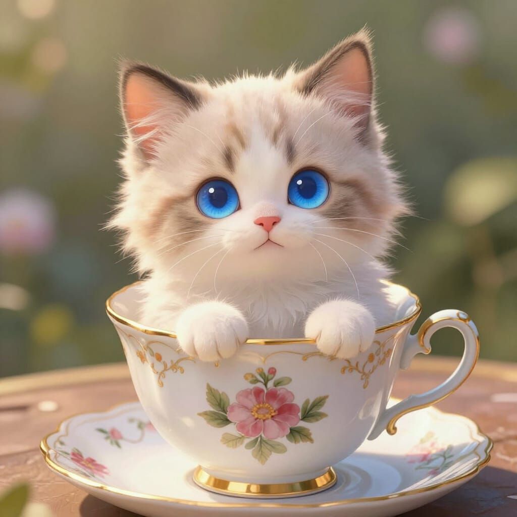 Whimsical Kitten Smiles in Teacup Illustration