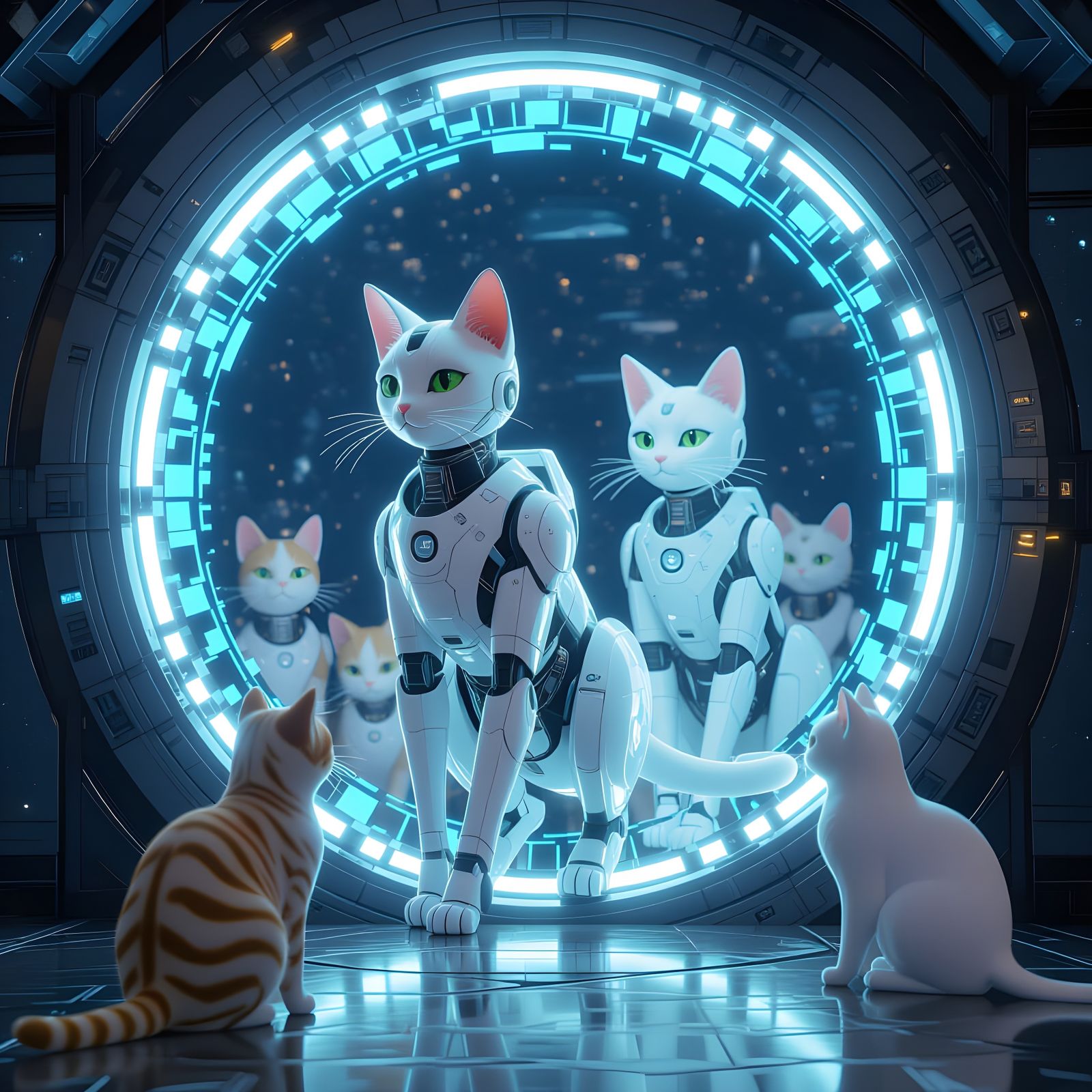 Android Cats Time-Traveling in 3D Anime Style