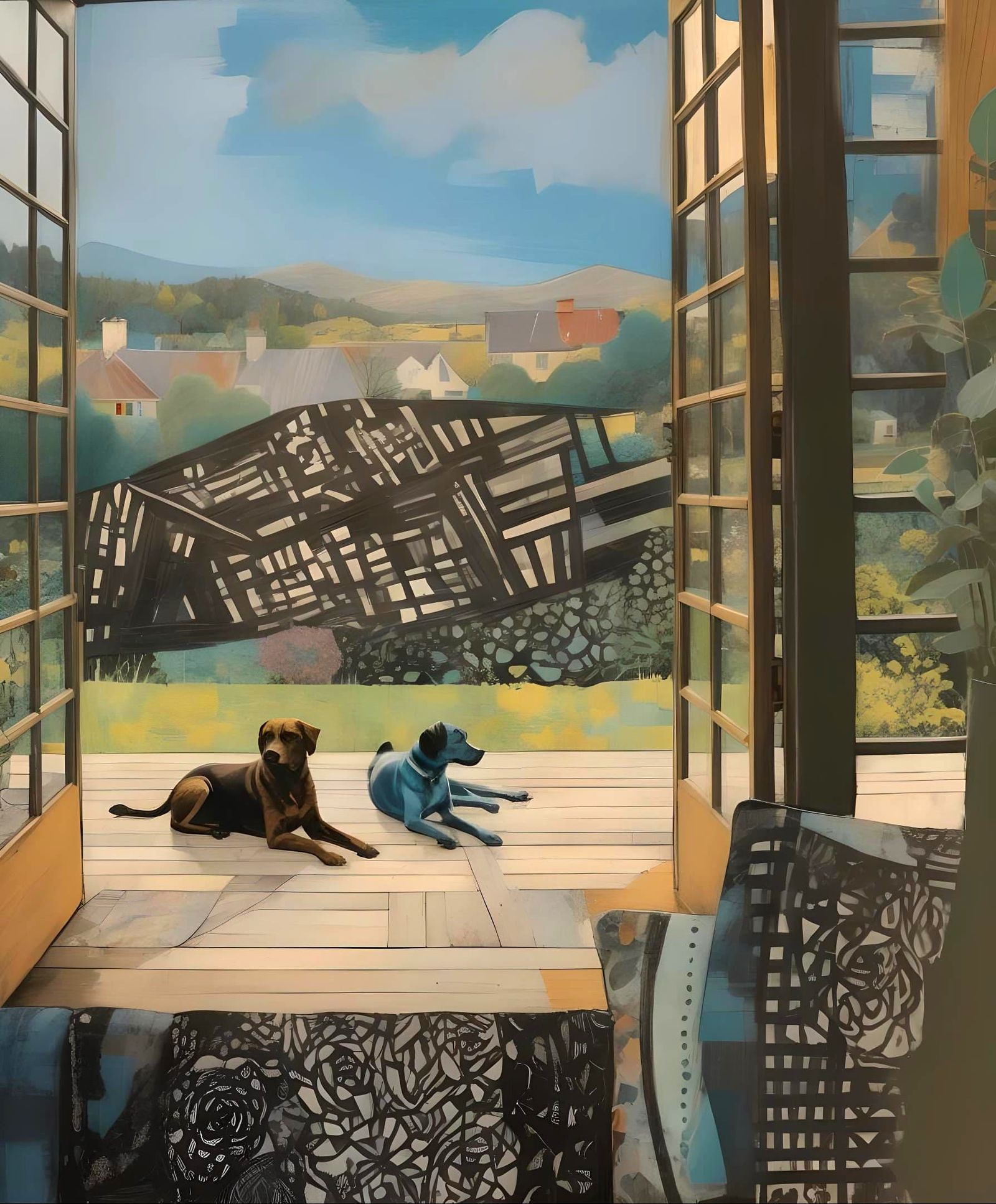 Dogs on Deck: A Charming Crosshatched Collage