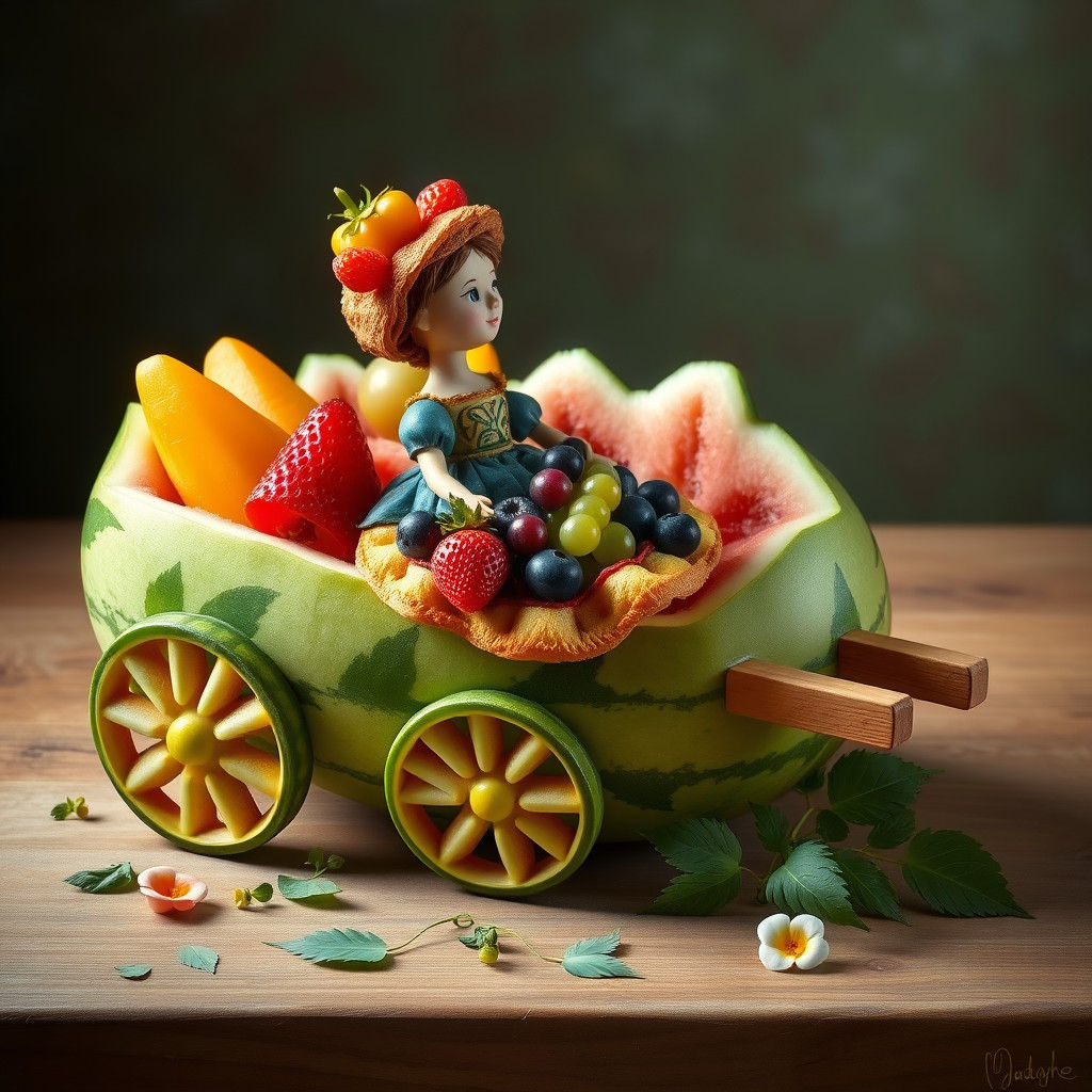 Whimsical Fruit Cart Still Life: A Colorful Doll