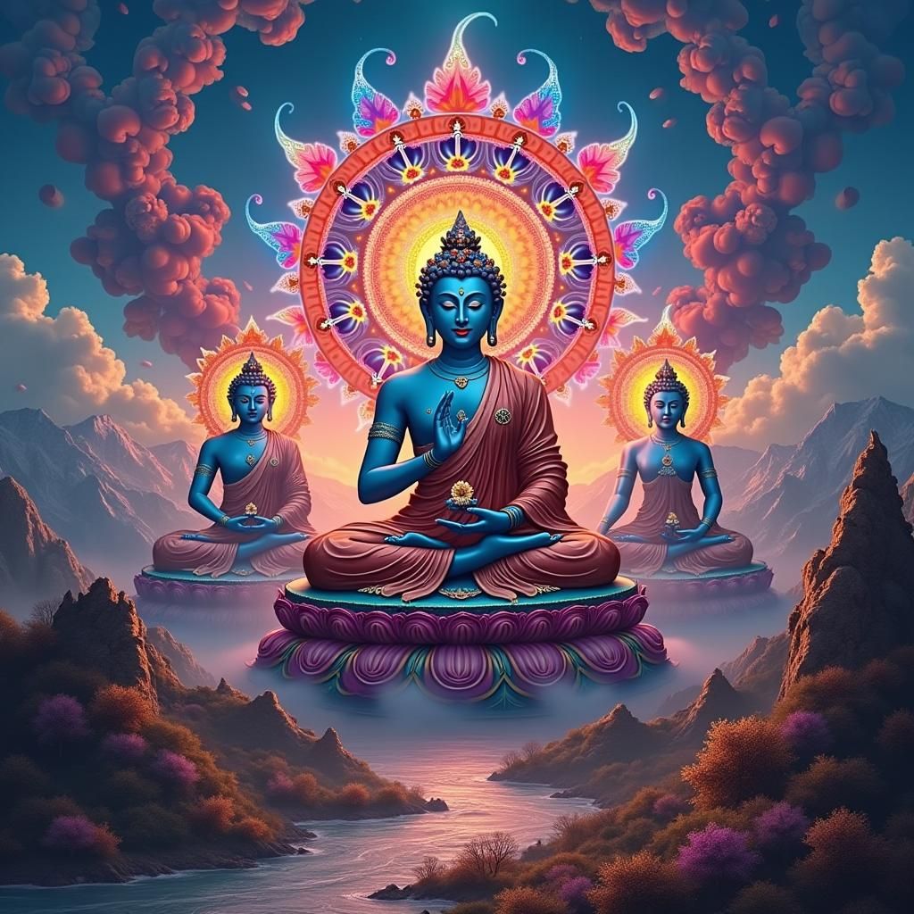 Psychedelic Tibetan Dakinis and Buddhas in Thangka Style