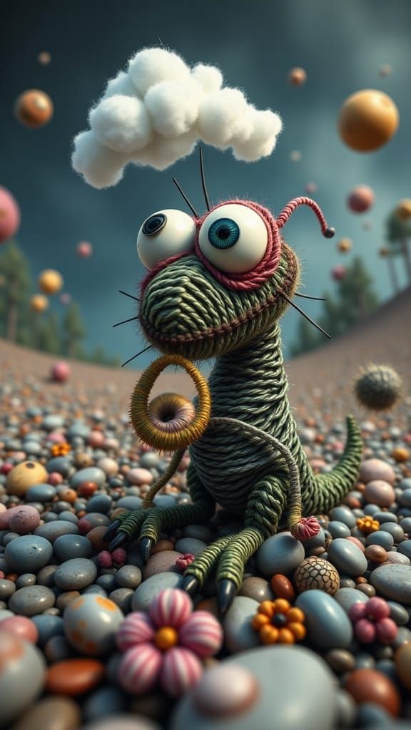 Yarn Creature Knitting a Storm Cloud in Surreal Teacup Lands...